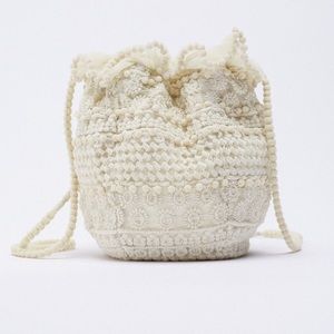 Zara Beige Fabric Embroidered Mini Bucket Bag
